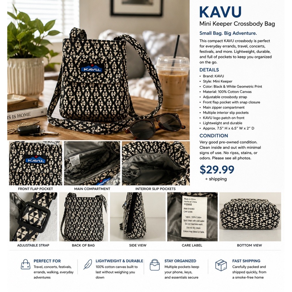 KAVU Mini Keeper Crossbody Bag Black White Geometric Canvas BW Trio 966-1010 NWT
